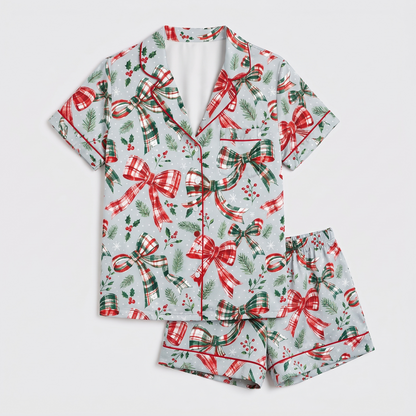 Plaid Ribbon Bows Women's Pajama Set - flat lay