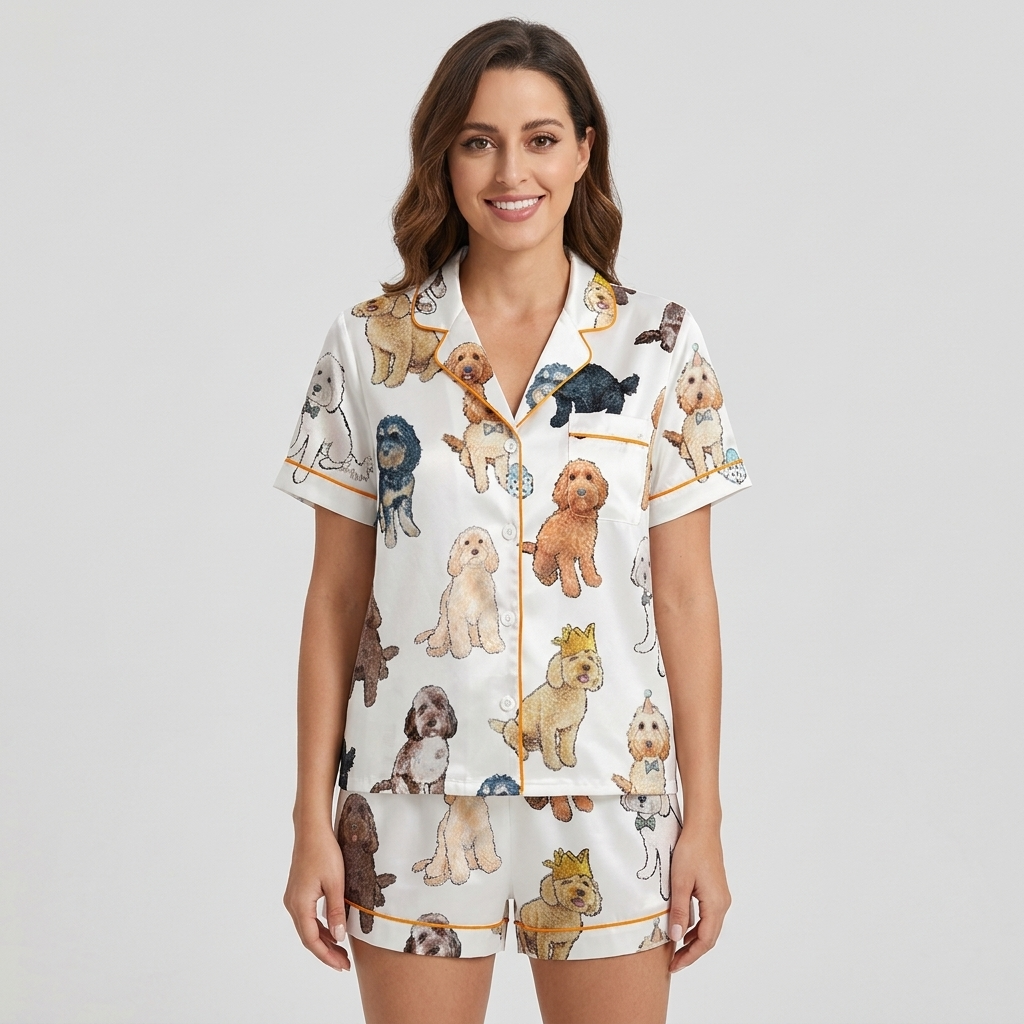 Women's satin pajama set with cockapoo and doodle pups in tiny gold crowns and bow ties on white - short sleeve and shorts