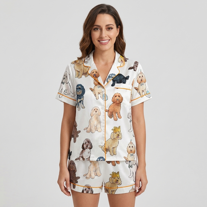 Women's satin pajama set with cockapoo and doodle pups in tiny gold crowns and bow ties on white - short sleeve and shorts