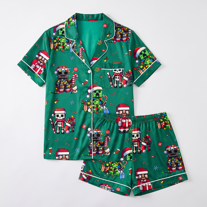 Pixel Creeper Christmas Inspired Women's Pajama Set - flat lay