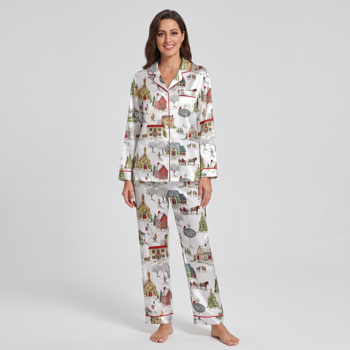 Snowy Christmas Village Women's Pajama Set - long sleeve and pants