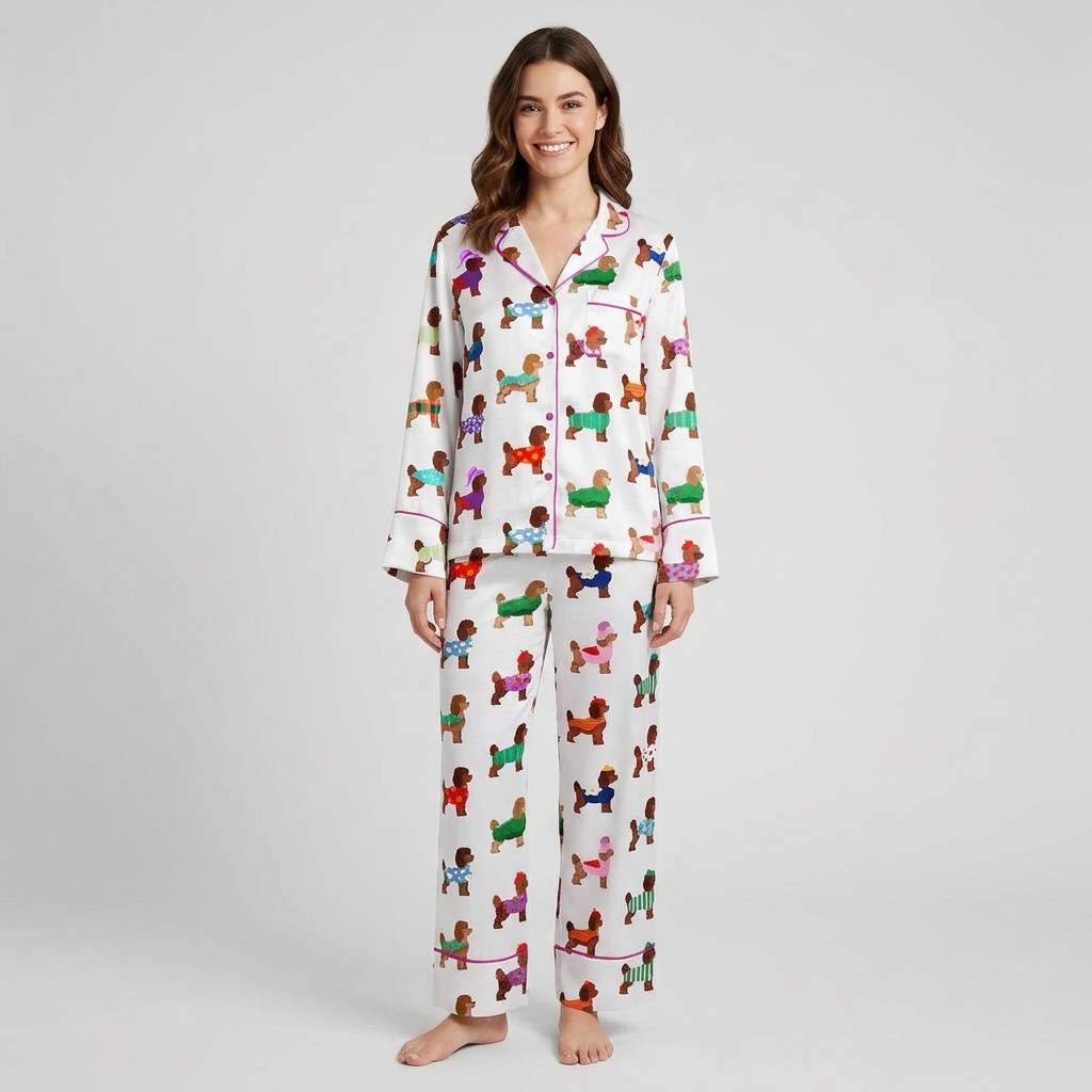Women's long-sleeve satin pajama set with brown poodles in bright knit sweaters on white - long sleeve and pants