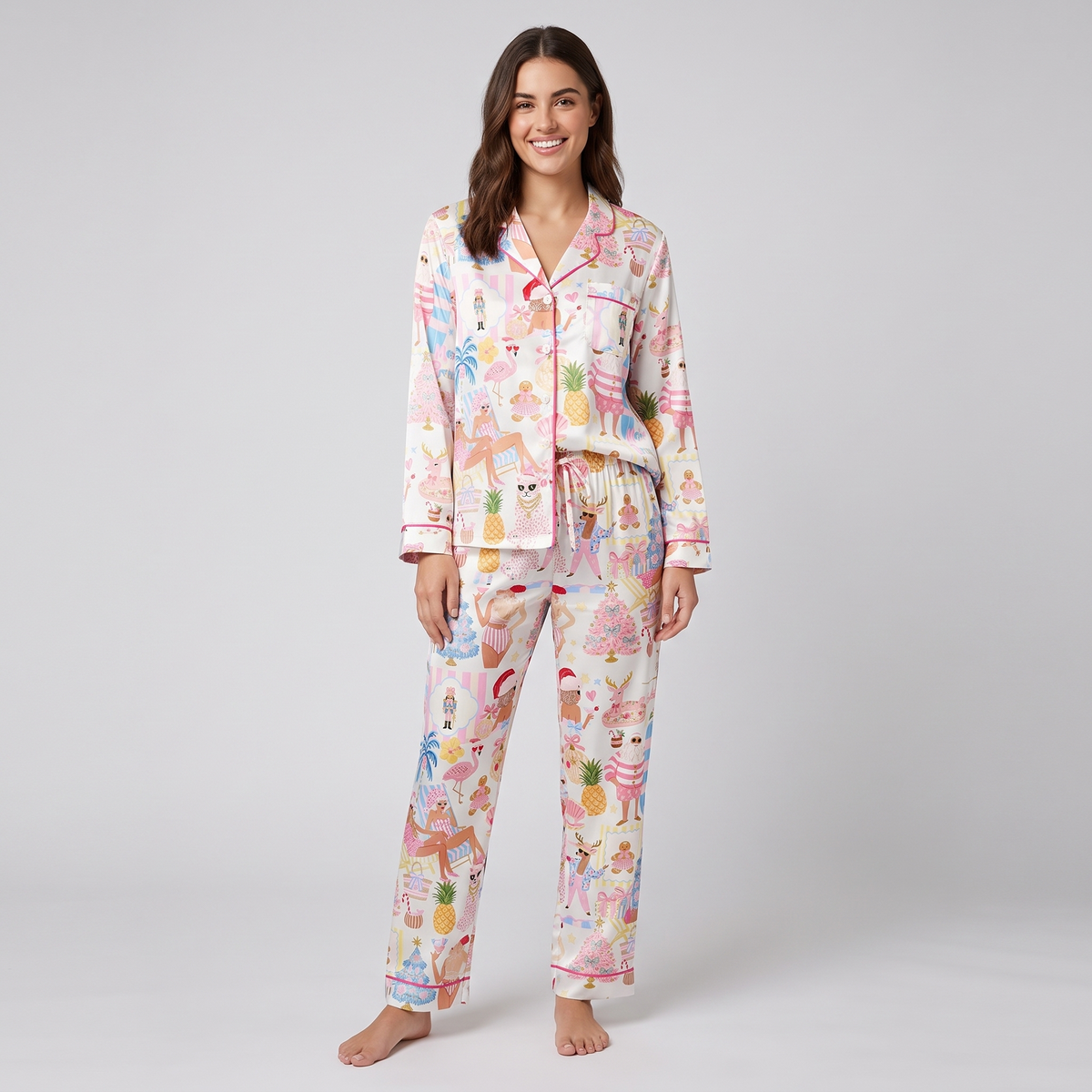 Pink Tropical Santa Women's Pajama Set - long sleeve and pants