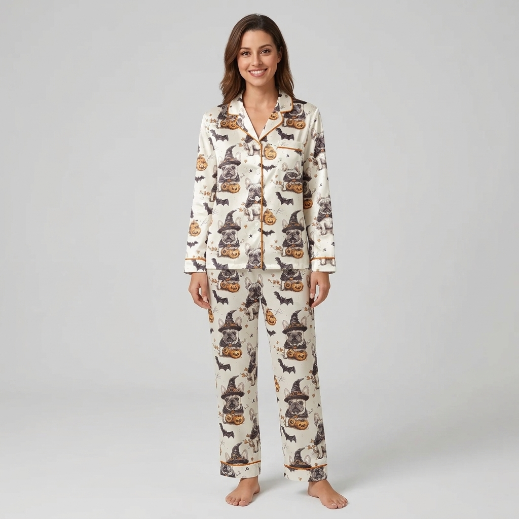 Women's satin pajama set with French bulldogs in witch hats beside jack-o'-lanterns and bats on white with orange piping - long sleeve and pants