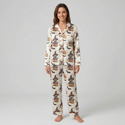 Women's satin pajama set with French bulldogs in witch hats beside jack-o'-lanterns and bats on white with orange piping - long sleeve and pants