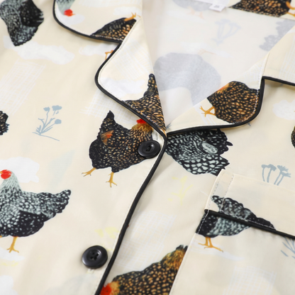 Hen House Women's Pajama Set - Cream Hens - print close-up
