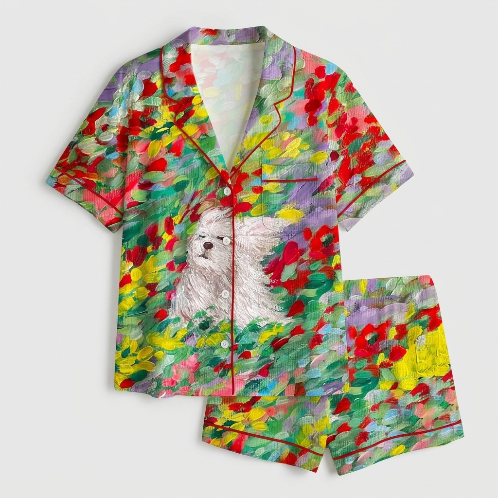 Women's satin pajama set with a fluffy white dog among red, yellow and lilac blooms - flat lay