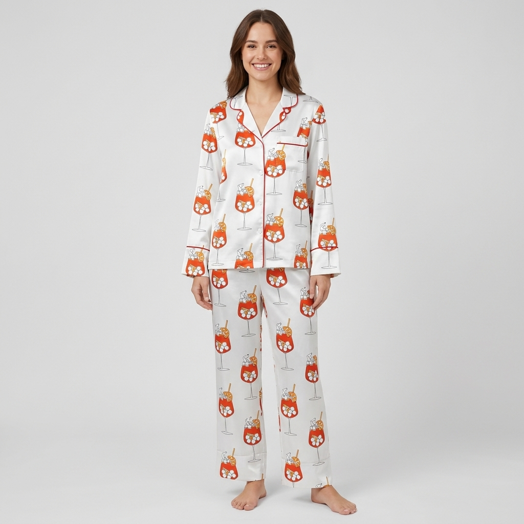 Women's satin pajama set with dachshunds tucked into orange spritz glasses on crisp white - long sleeve and pants