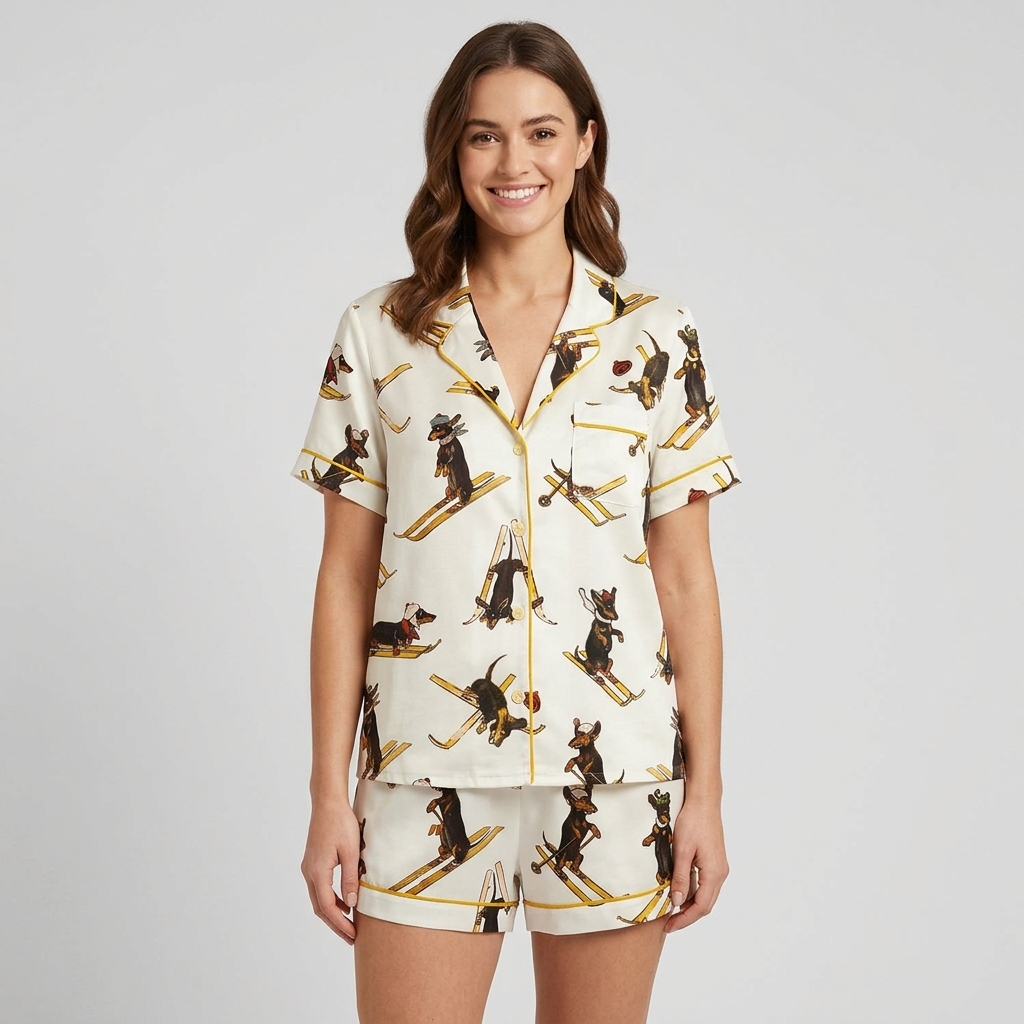 Women's satin pajama set with vintage dachshunds in knit caps skiing on golden skis on white - short sleeve and shorts