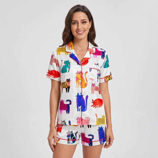 Rainbow Striped Cats Women's Pajama Set - short sleeve and shorts