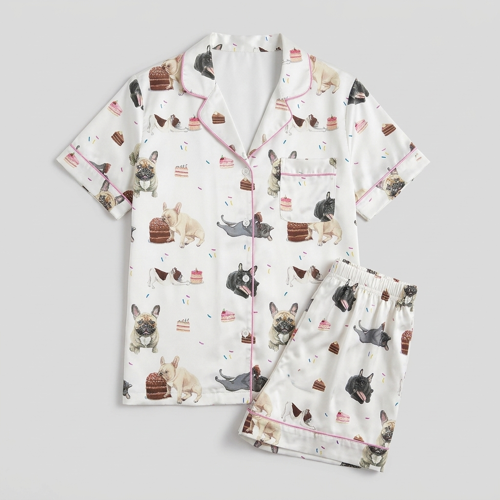 Women's satin pajama set with cream, fawn and gray French bulldogs between birthday cakes and strawberries on white - flat lay