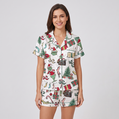 Mean Green Sketches Inspired Women's Pajama Set - short sleeve and shorts