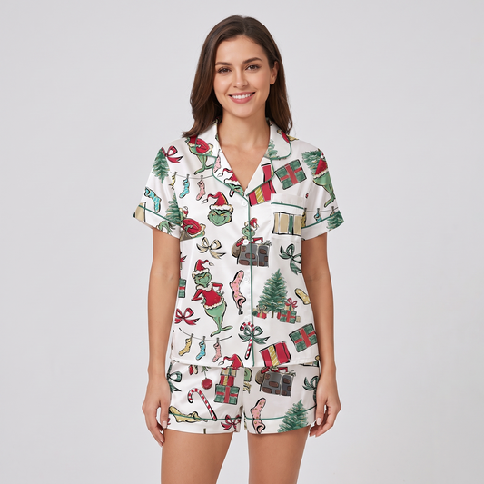 Mean Green Sketches Inspired Women's Pajama Set - short sleeve and shorts