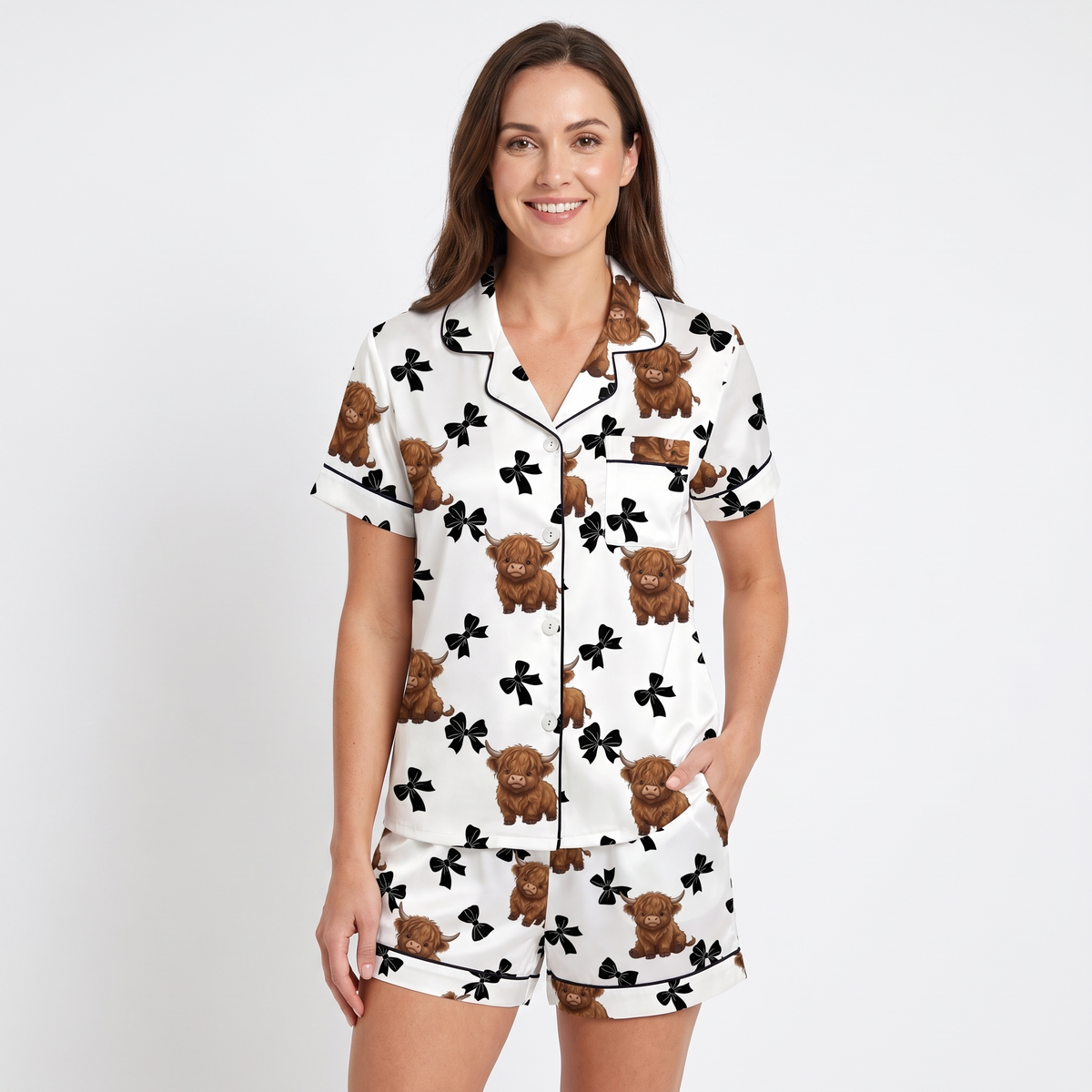 Highland Cows & Bows Women's Pajama Set - short sleeve and shorts