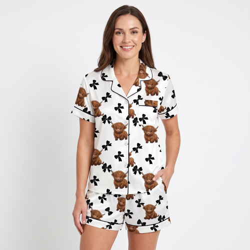 Highland Cows & Bows Women's Pajama Set - short sleeve and shorts