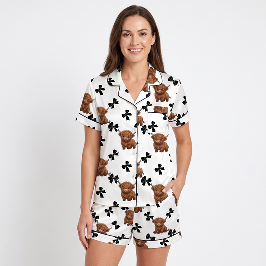 Highland Cows & Bows Women's Pajama Set - short sleeve and shorts