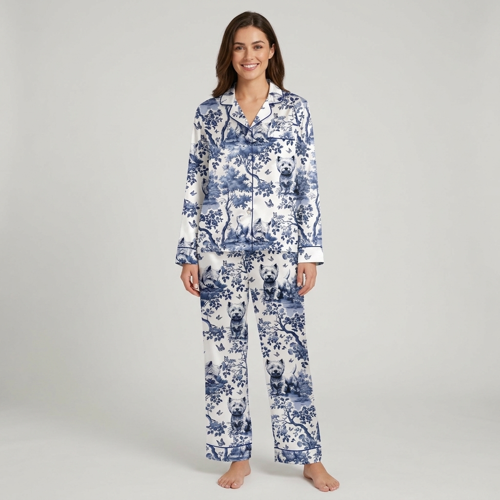 Women's satin pajama set with West Highland White Terriers in navy blue toile with branches and butterflies on white - long sleeve and pants