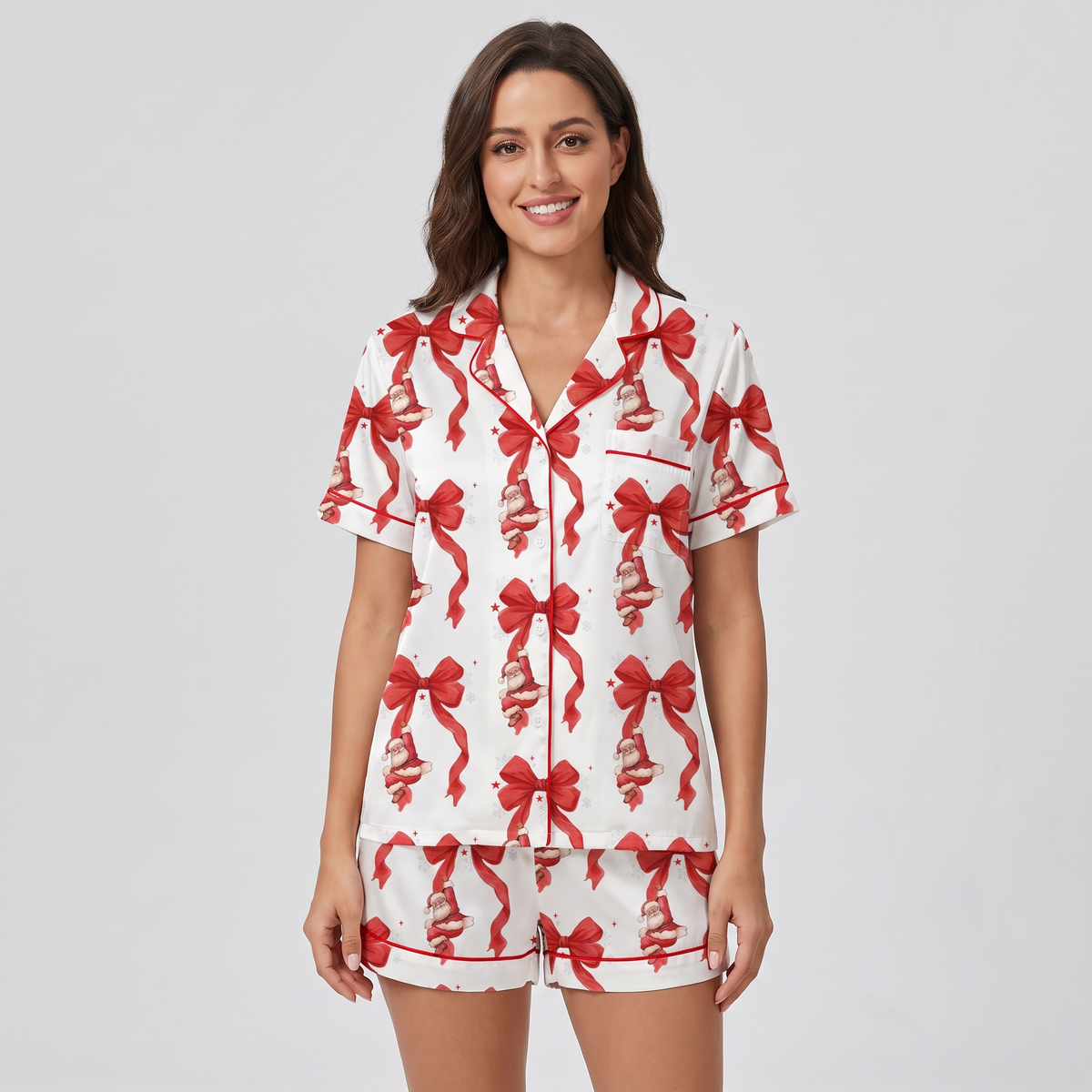 Red Bows & Santa Women's Pajama Set - short sleeve and shorts