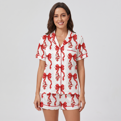 Red Bows & Santa Women's Pajama Set - short sleeve and shorts