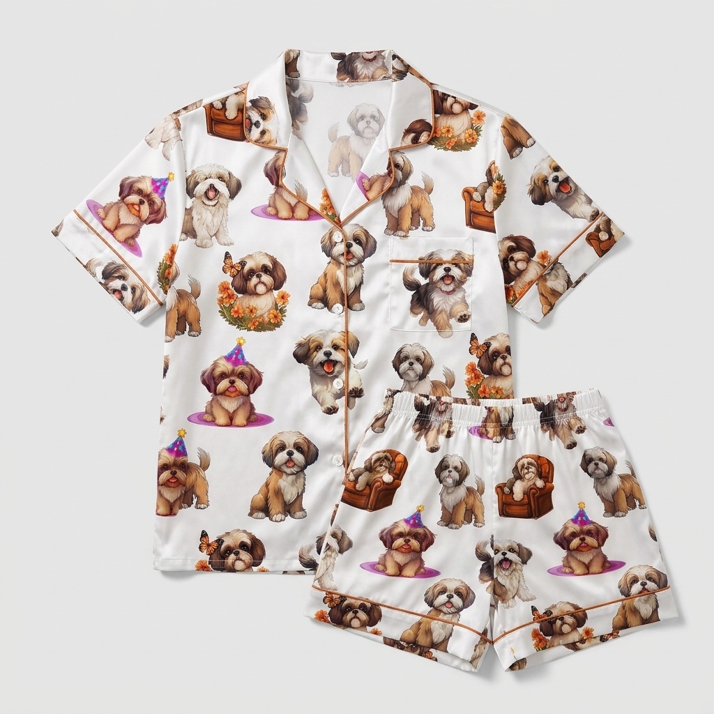 Women's satin pajama set with brown-and-white shih tzus in party hats, armchairs and autumn wreaths on white - flat lay