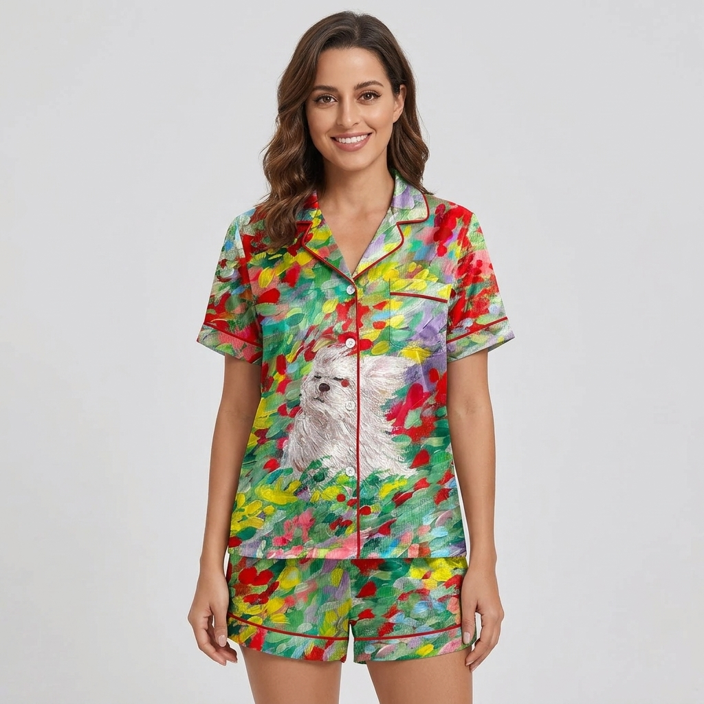 Women's satin pajama set with a fluffy white dog among red, yellow and lilac blooms - short sleeve and shorts