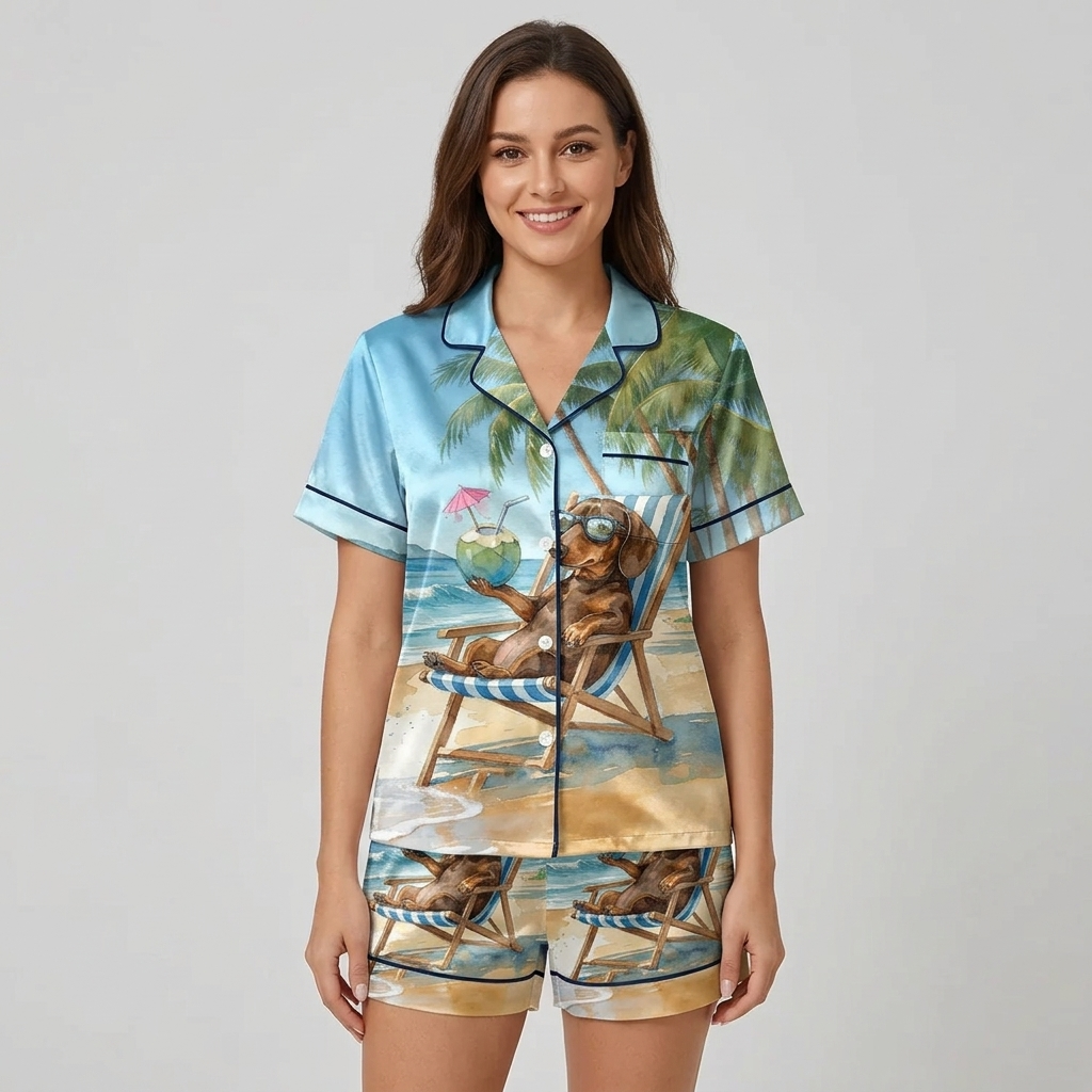 Women's satin pajama set in light blue with a dachshund in sunglasses in a striped beach chair under palms - short sleeve and shorts