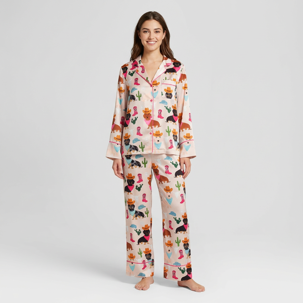 Women's long-sleeve satin pajama set with dachshunds in cowboy hats and boots among cacti on blush peach - long sleeve and pants