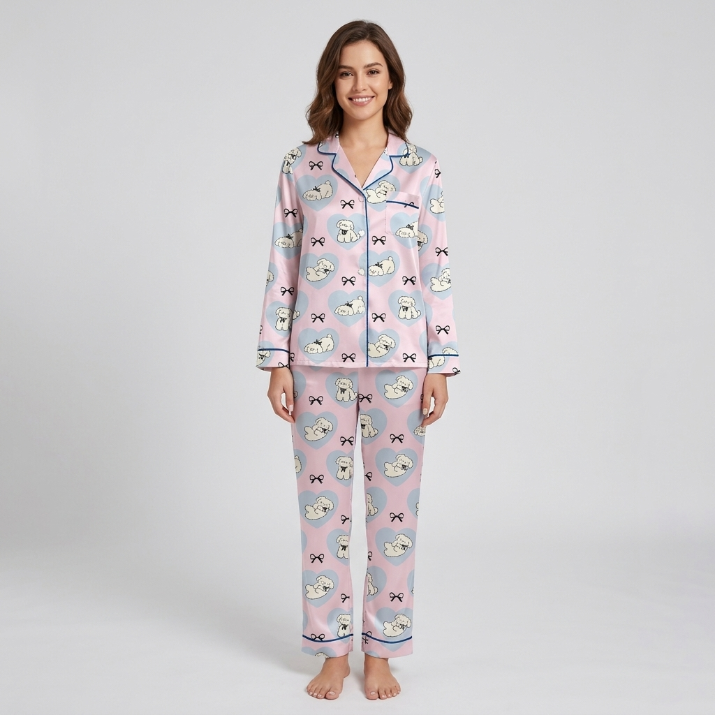 Fluffy Dogs in Blue Hearts Women's Pajama Set - Pink long sleeve and pants