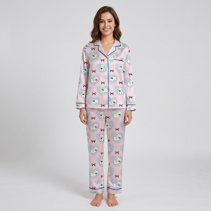 Fluffy Dogs in Blue Hearts Women's Pajama Set - Pink long sleeve and pants