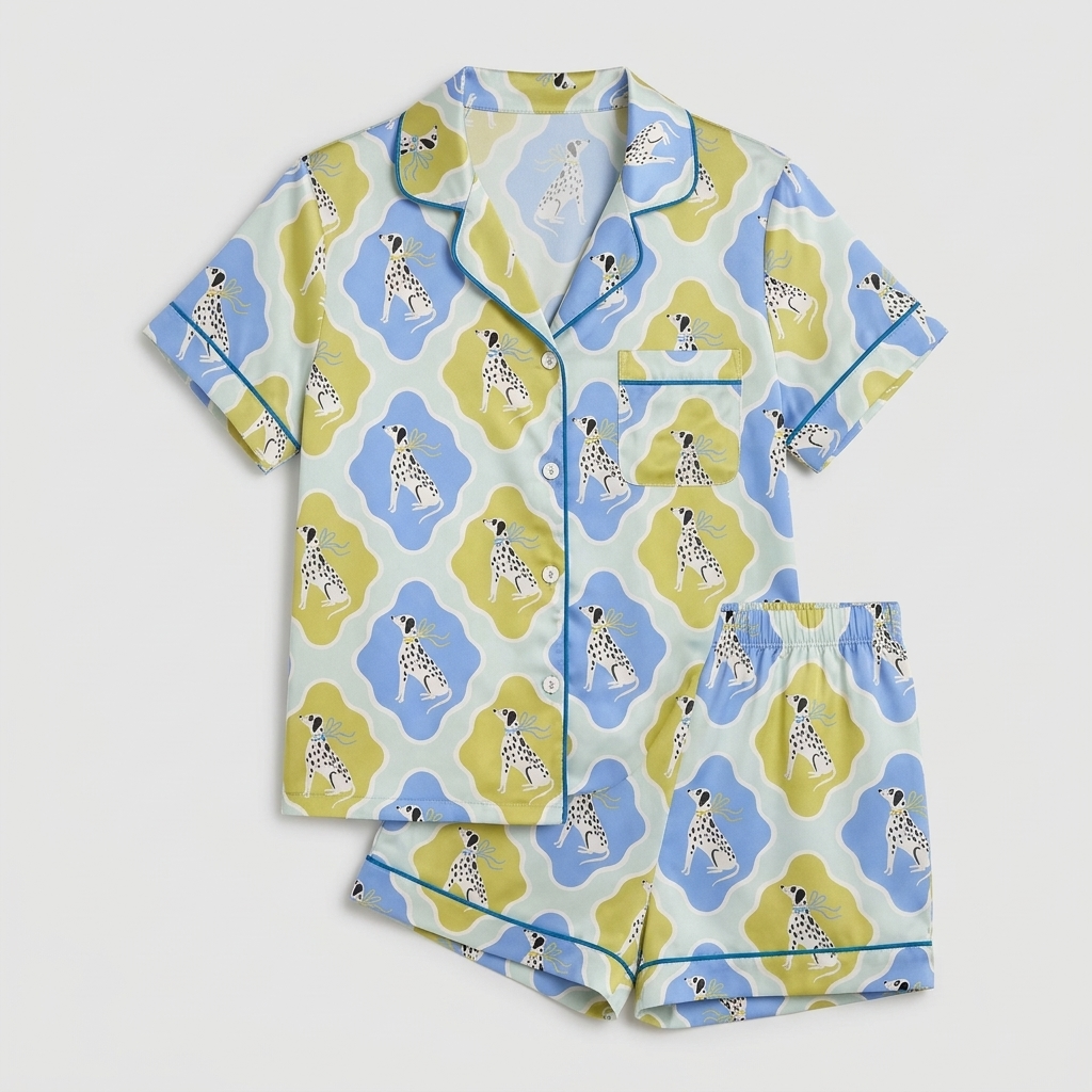 Women's satin pajama set with dalmatians in scalloped yellow and blue frames on light blue - flat lay
