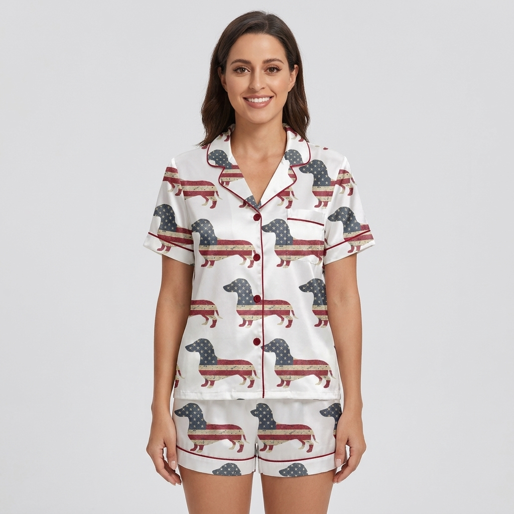 Women's satin pajama set with oversized dachshund silhouettes filled with a distressed American flag on white - short sleeve and shorts