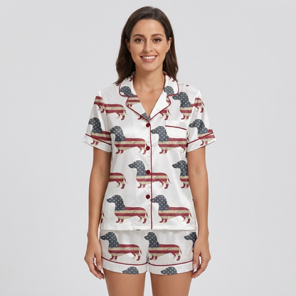 Women's satin pajama set with oversized dachshund silhouettes filled with a distressed American flag on white - short sleeve and shorts