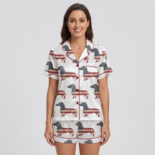 Women's satin pajama set with oversized dachshund silhouettes filled with a distressed American flag on white - short sleeve and shorts