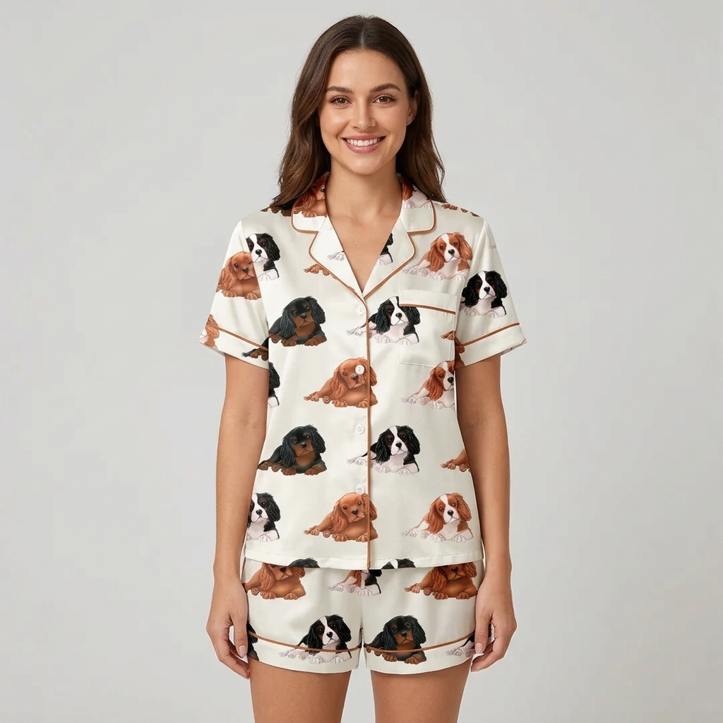 Women's satin pajama set with lounging Cavalier King Charles spaniels on white with red piping - short sleeve and shorts