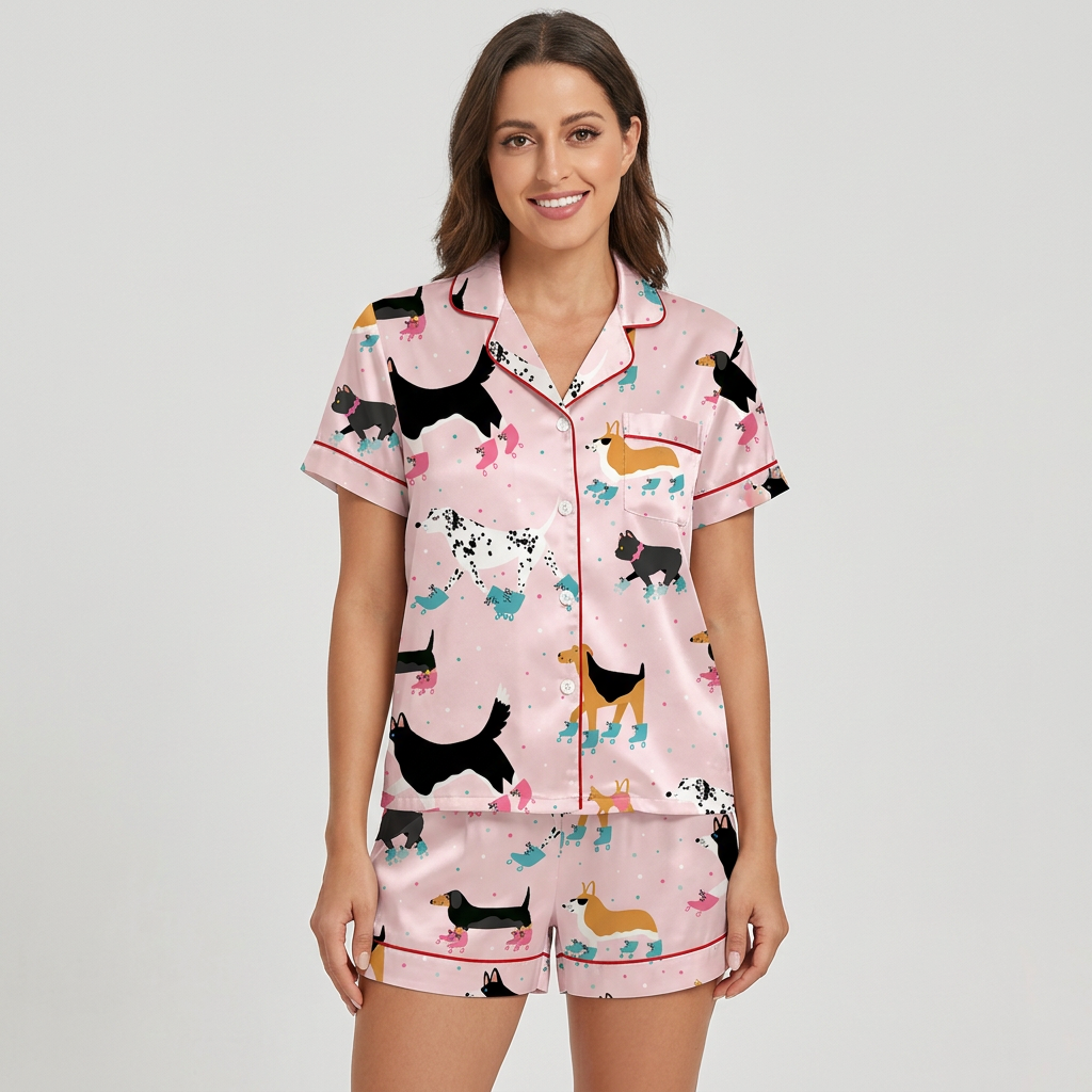 Women's satin pajama set with dachshunds, corgis and dalmatians on teal and pink roller skates on blush pink - short sleeve and shorts