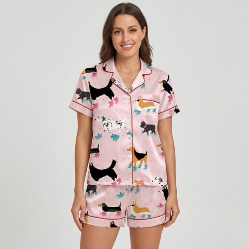 Women's satin pajama set with dachshunds, corgis and dalmatians on teal and pink roller skates on blush pink - short sleeve and shorts