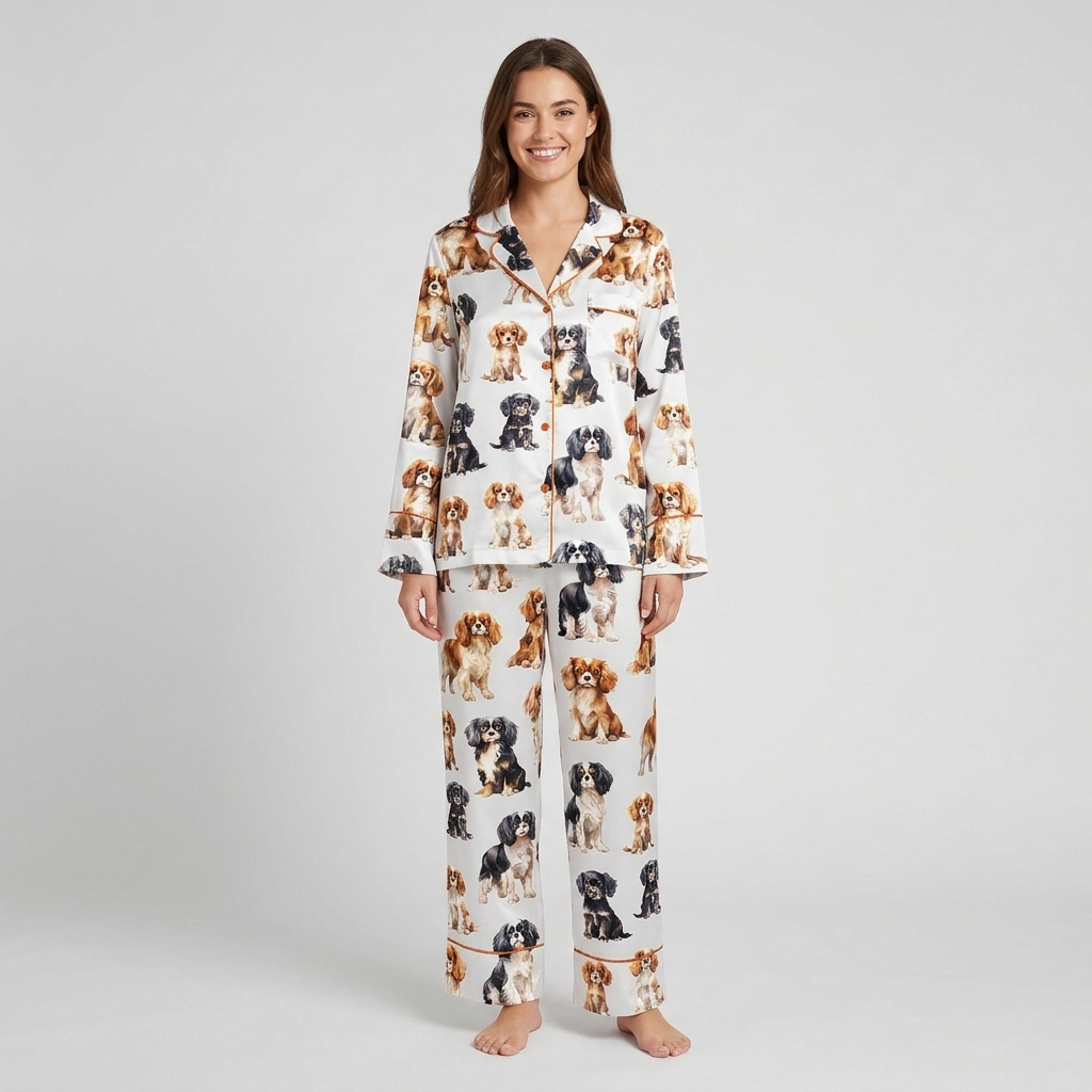 Women's long-sleeve satin pajama set with Cavalier King Charles spaniels in ruby, tricolor and black-and-tan on white - long sleeve and pants