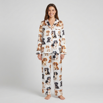 Women's long-sleeve satin pajama set with Cavalier King Charles spaniels in ruby, tricolor and black-and-tan on white - long sleeve and pants