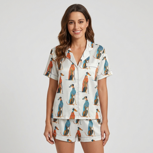 Women's satin pajama set with seated greyhounds in blue and orange patterned coats on white - short sleeve and shorts