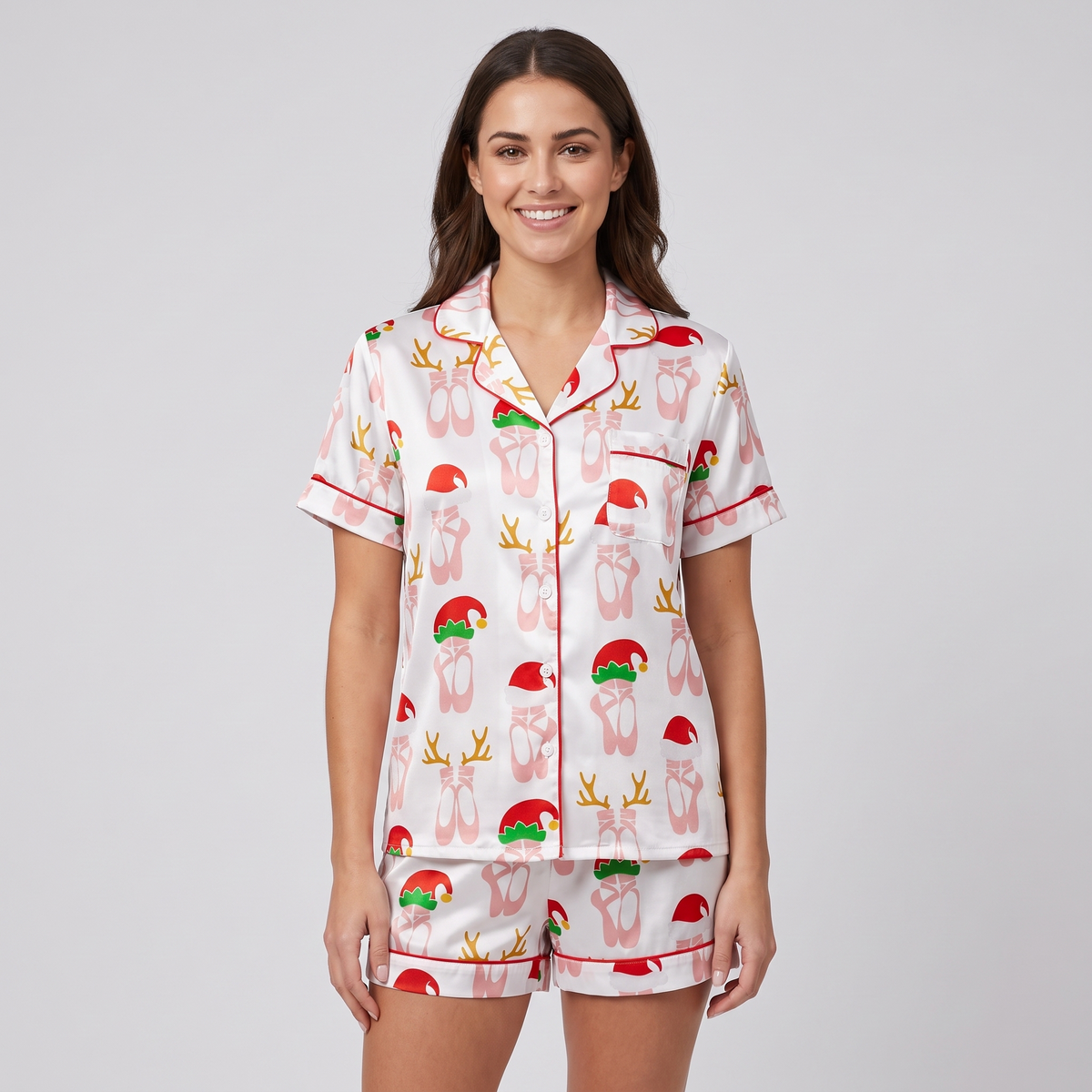 Ballet Slippers & Elf Hats Women's Pajama Set - short sleeve and shorts