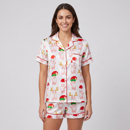Ballet Slippers & Elf Hats Women's Pajama Set - short sleeve and shorts