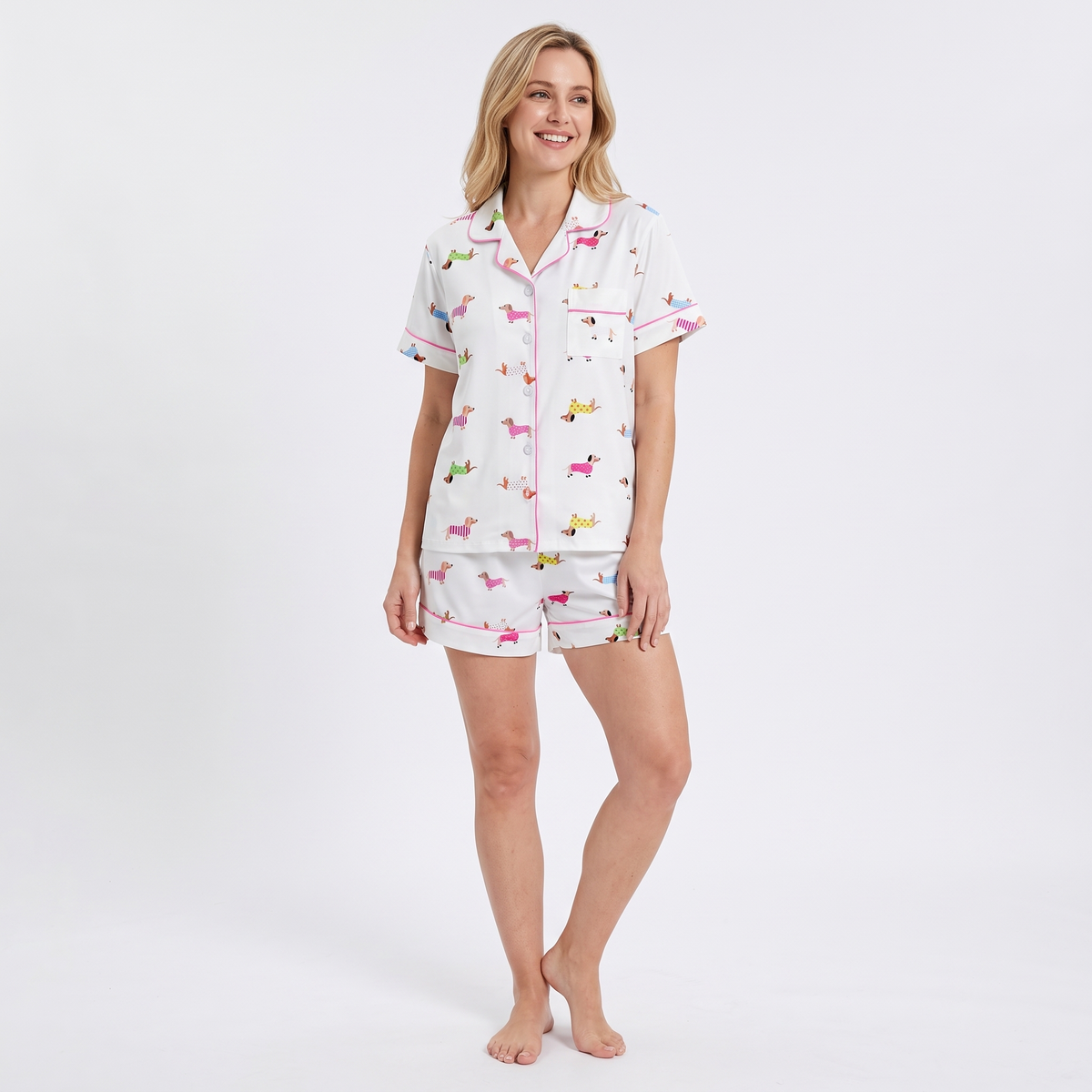 Sweater Weather Dachshunds Women's Pajama Set - White - short sleeve and shorts