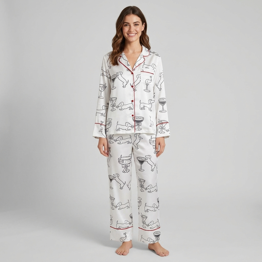 Women's satin pajama set with black outline dachshunds and martini glasses on white with red piping - long sleeve and pants