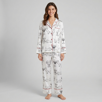 Women's satin pajama set with black outline dachshunds and martini glasses on white with red piping - long sleeve and pants