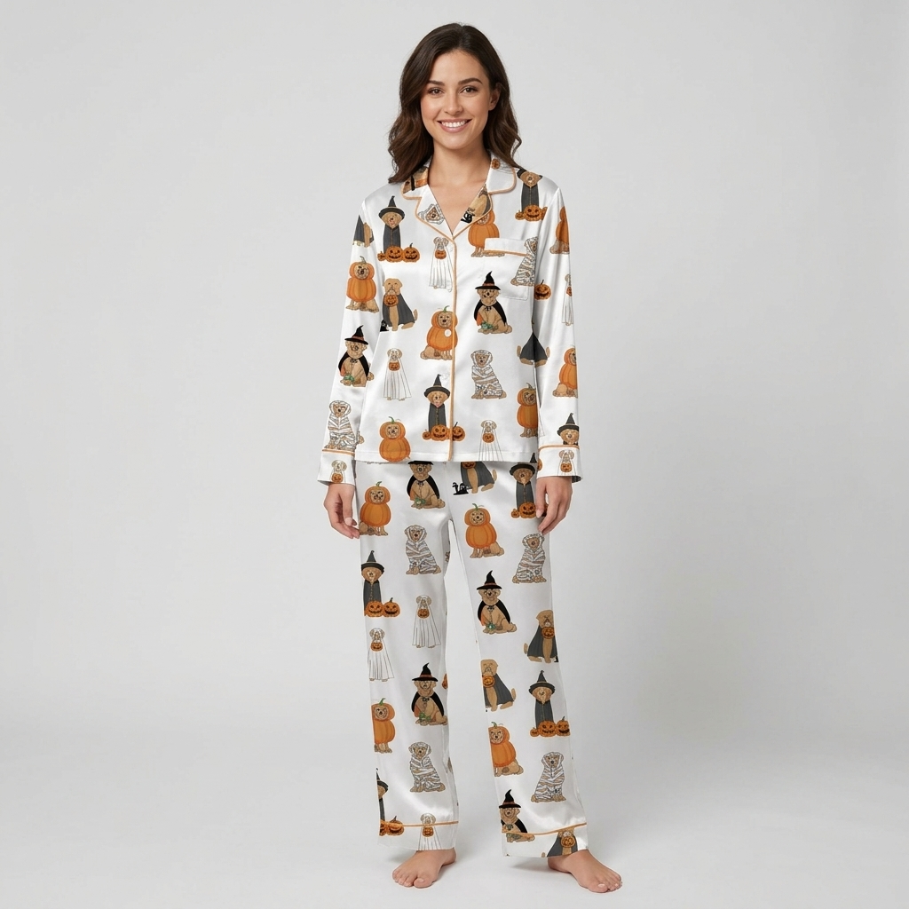 Women's satin pajama set with golden retrievers in witch hats, mummy wraps and ghost sheets on white - long sleeve and pants