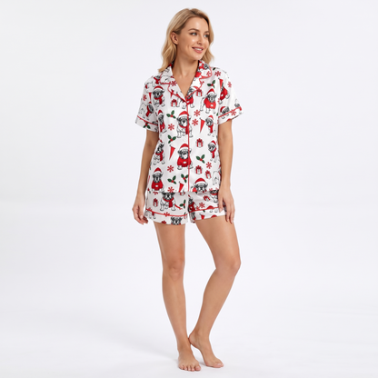 Santa Bulldog Women's Pajama Set - short sleeve and shorts