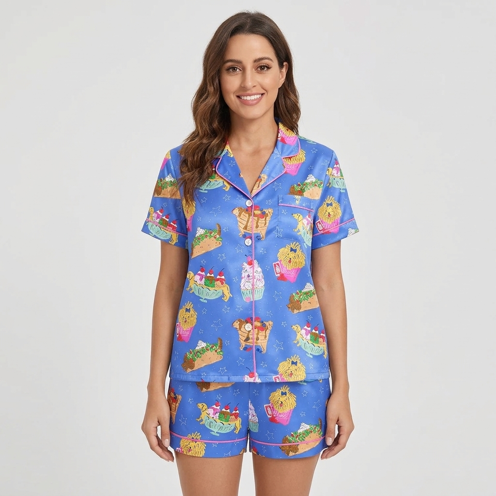 Women's satin pajama set with golden retrievers nestled in burgers, tacos, fries and sundaes on bright blue - short sleeve and shorts