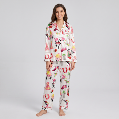 Derby Hat Girls Roses Horse Women's Pajama Set - long sleeve and pants
