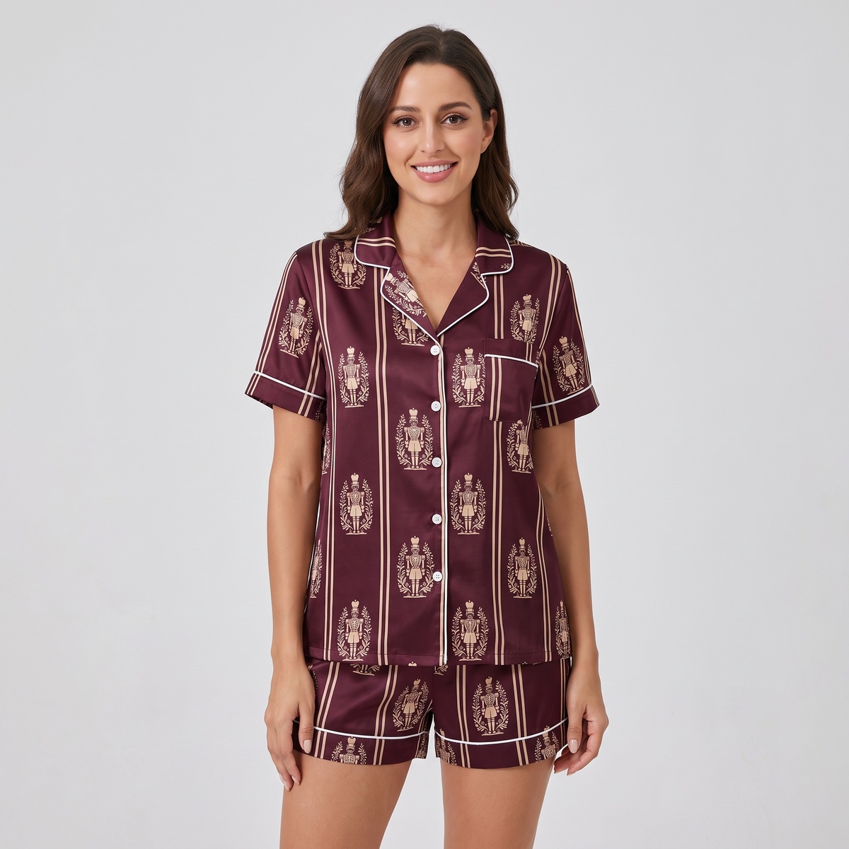 Burgundy Nutcracker Stripes Women's Pajama Set - short sleeve and shorts