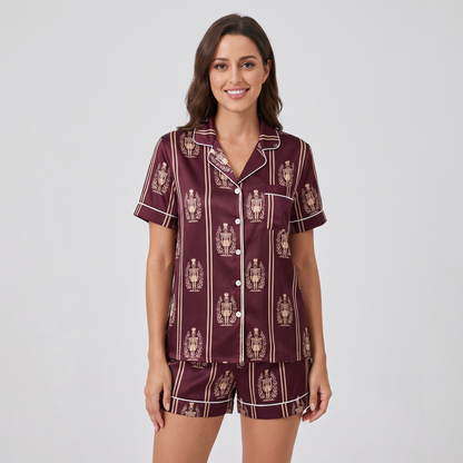 Burgundy Nutcracker Stripes Women's Pajama Set - short sleeve and shorts